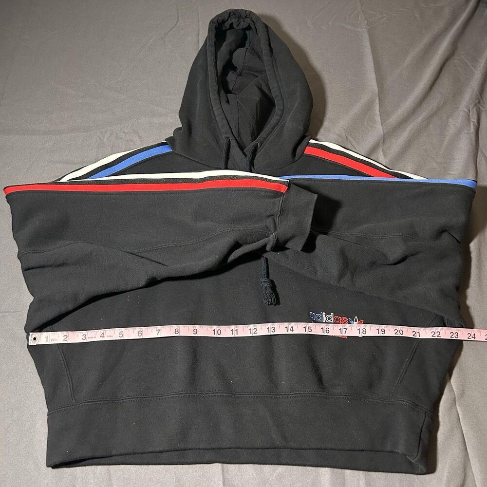 Adidas Originals Trefoil Crop Hoodie Black Red Blue Stripe Trim Women’s Size M - Picture 2 of 7